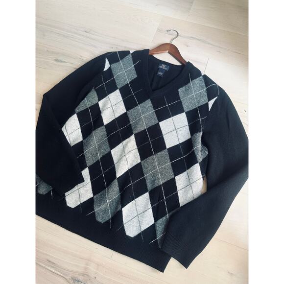 Men's Brooks Brothers Argyle Sweater Scottich Lambswool Black Gray Size XL Twee - Picture 6 of 8